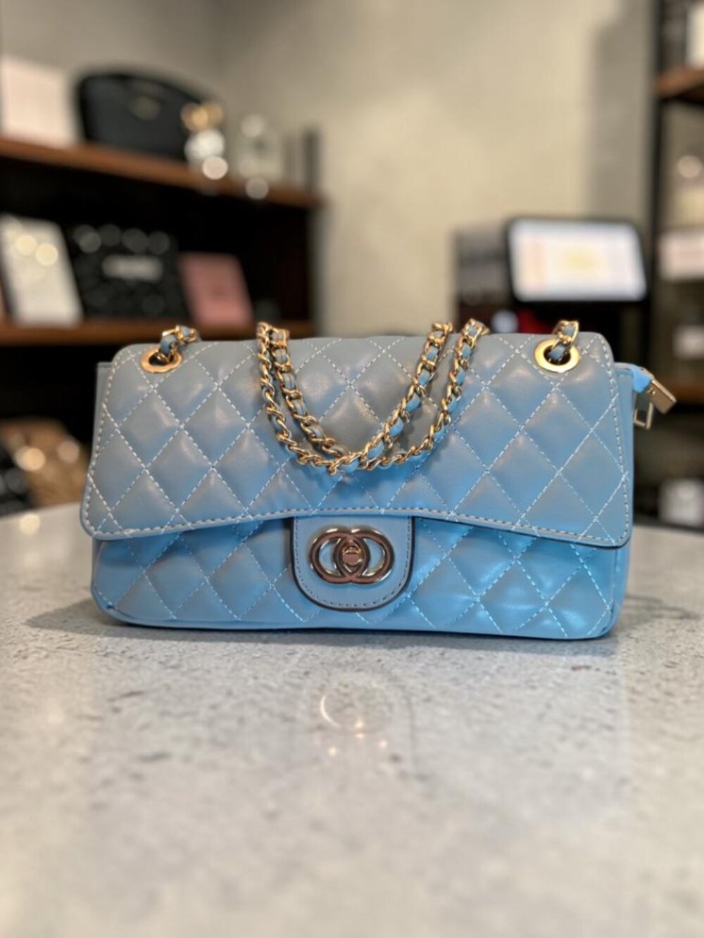 Carolina Blue Front Flap Quilted Handbag  Excellent Condition